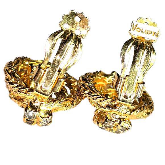 Vintage Signed VOLUPTE Goldtone Round Rhinestone Clip On Earrings - Picture 2 of 6